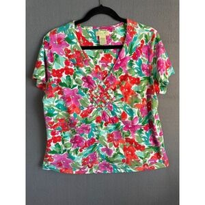 Caribbean Joe Shirt Women Size Large Multicolor Floral  Short  Sleeve Blouse Top